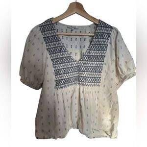 Madewell peasant top smock embroidered. Large. Blue off white